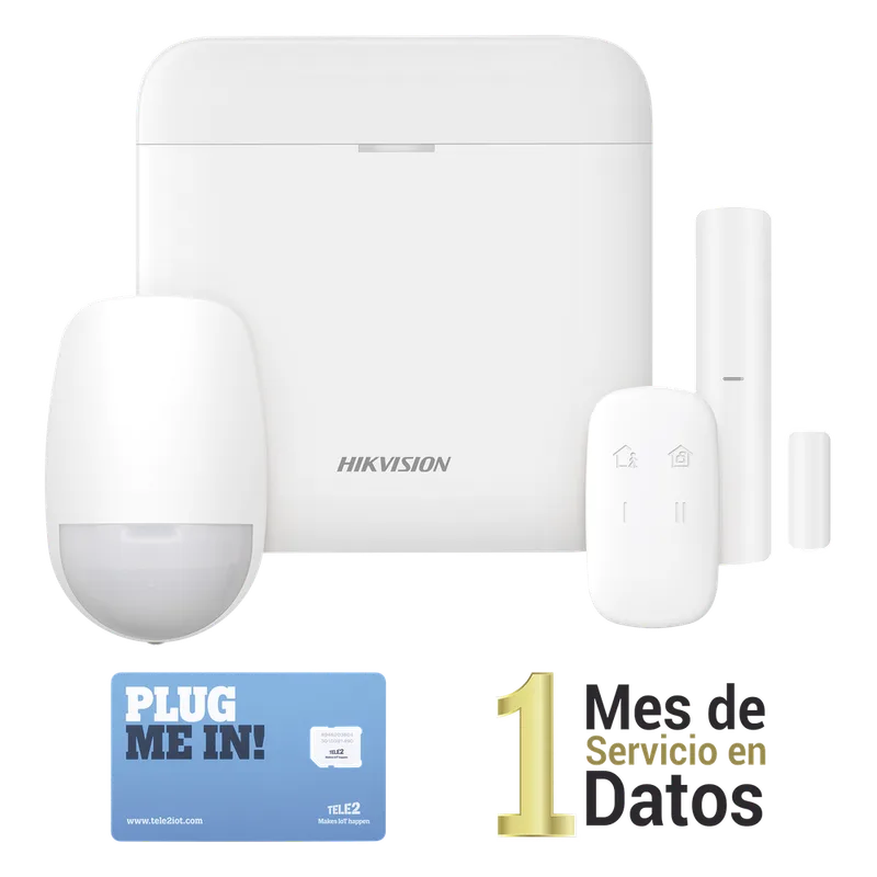 (AX PRO) KIT de Alarma AX PRO con GSM (3G/4G) / Incluye: 1 Hub con bateria de respaldo / 1 Sensor PIR / 1 Contacto Magnético / 1 Control Remoto /1 MICROSIM30M2M incluye 1 mes de servicio/ Wi-Fi / Compatible con Hik-Connect P2P HIKVISION DS-PWA48-KSD