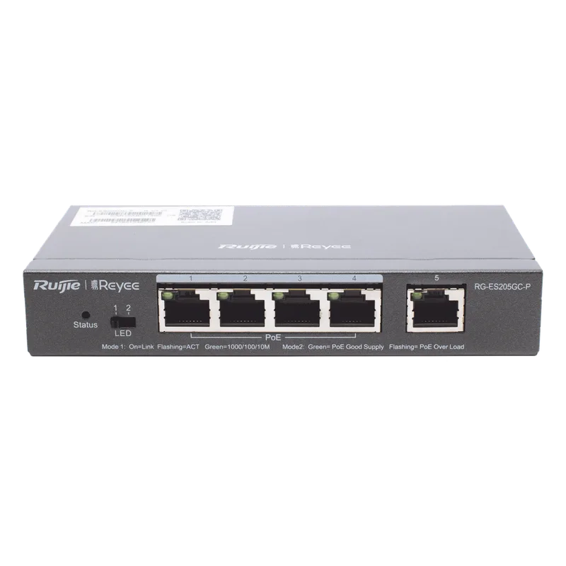 Switch Administrable PoE con 5 puertos Gigabit, 4 PoE 802.3af/at, gestión gratuita desde la nube, 54w RUIJIE RG-ES205GC-P