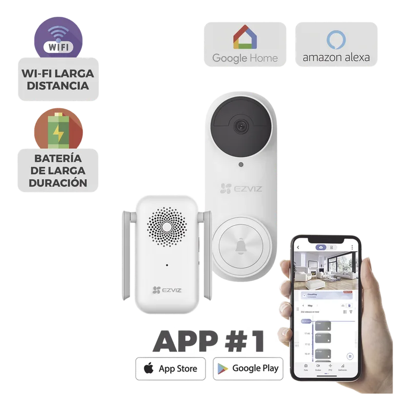 Timbre con Cámara Wi-Fi (Doorbell) de Batería Recargable / Libre de Cables / Uso Exterior Con Protección (IP65) / Cámara 3 Megapíxel / Llamada a la App / Incluye Timbre Para Interior Con Timbres Seleccionables / Ranura EZVIZ CS-DB2KIT