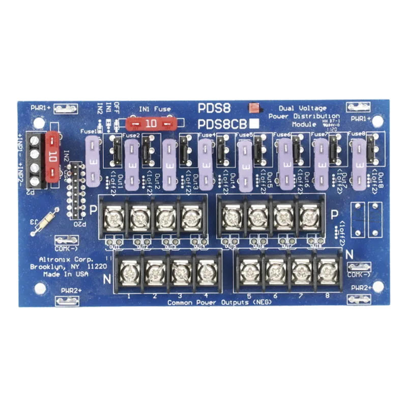 Módulo Distribuidor de Energía / 8 Salidas / Entrada Dual 5-24VDC @10A o 16-28VAC @14A / Salidas Seleccionables / Apagado Individual por Servicio ALTRONIX PDS8