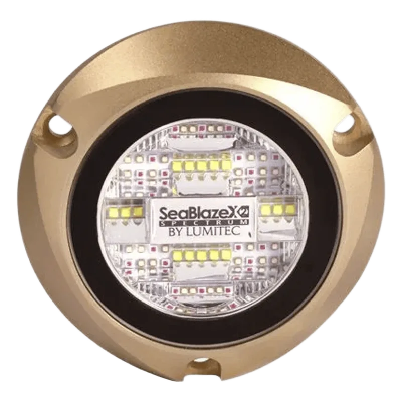 Luz led marina sumergible SeaBlaze X2, emite luz de color blanco y azul de 6000 lúmenes, fabricada en bronce naval con grado de protección IP68. LUMITEC 101516