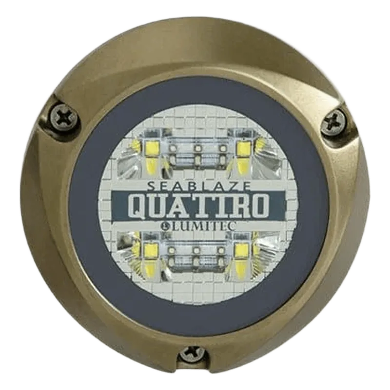 Luz led marina sumergible SeaBlaze Quattro, emite luz multicolor de 2000 lúmenes, fabricada en bronce naval con grado de protección IP68. LUMITEC 101510