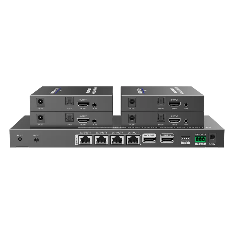 Kit Divisor y Extensor HDMI / Divide 1 Fuente HDMI a 4 Pantallas / Extiende la señal HDMI hasta 70 m / Resolución 4K @ 60 Hz/ Cat 6/6a/7 / IPCOLOR / CERO LATENCIA / Uso 24/7 / Puerto S/PDIF / EDID / RS232 / Salida Loop / Alimente solo el Tx EPCOM TITANIUM TT824