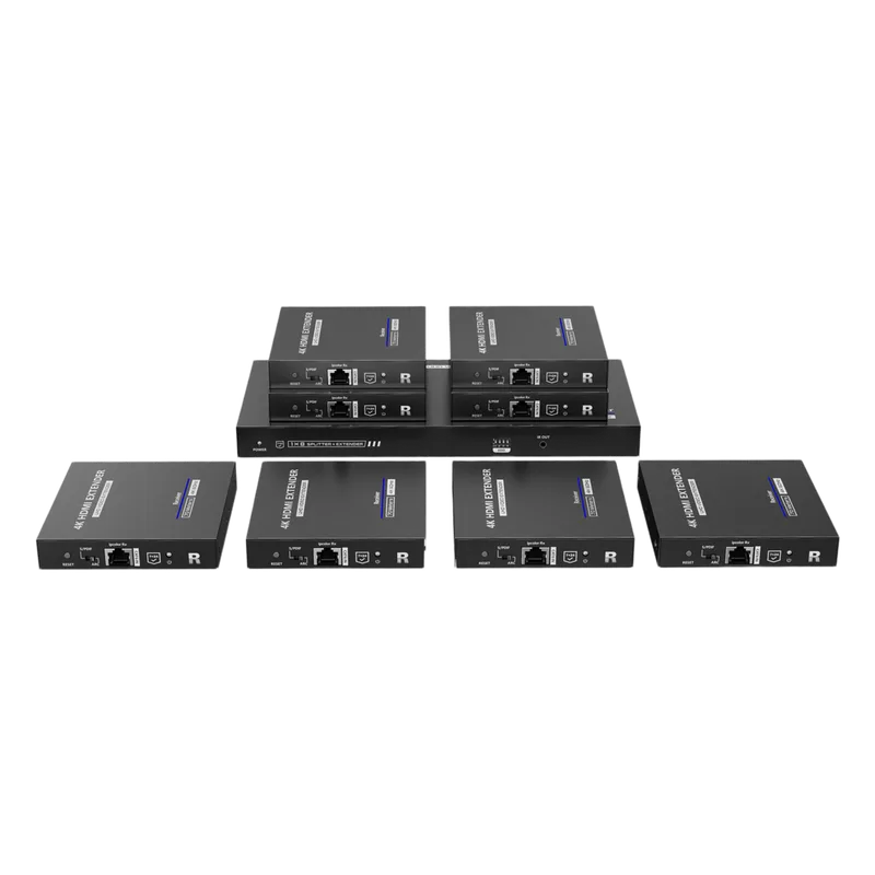 Kit Divisor y Extensor HDMI / Divide 1 Fuente HDMI a 8 Pantallas / Extiende la señal HDMI hasta 70 m / Resolución 4K @ 60 Hz/ Cat 6/6a/7 / IPCOLOR / CERO LATENCIA / Uso 24/7 / Puerto S/PDIF / EDID / RS232 / Salida Loop / Alimente solo el Tx EPCOM TITANIUM TT828