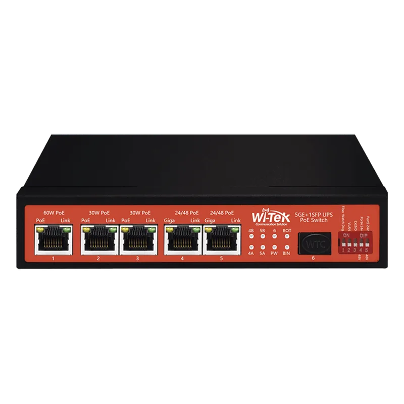 Controlador Solar de 15A con Switch PoE / 1 Puerto Gigabit PoE 802.3 bt / 2 Puertos PoE 802.3 af/at / 2 Puertos PoE Pasivo 24/48 Vcc / 1 Puerto SFP / No administrable WI-TEK WI-PS306GF-UPS-15A