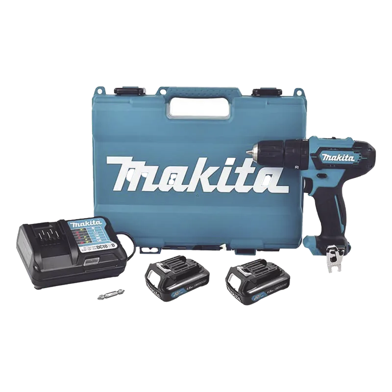 Taladro inalámbrico Percutor de 12 V, 3/8 de 0-450 0-1700 RPM, incluye 2 batería LI-ION de 1.5 AH, Cargador y Maletín MAKITA HP-333-DWYE