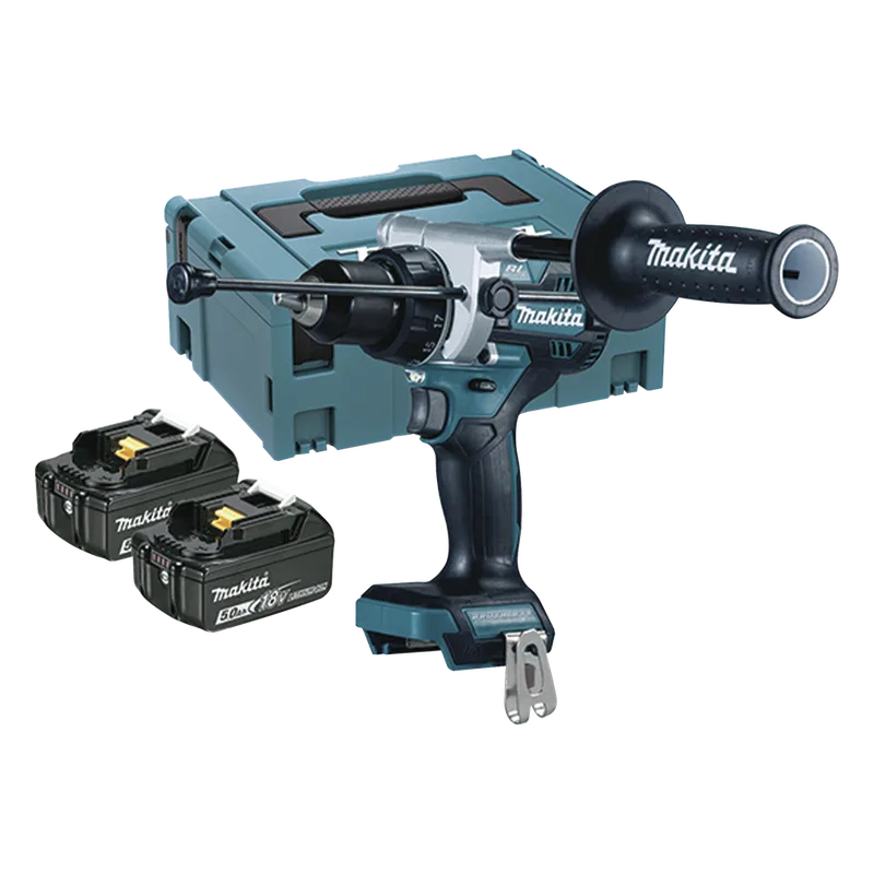 Taladro combinado BL 18 V LXT 5.0 Ah 130 Nm. Incluye 2 baterías 5.0 Ah, cargador rápido y maletín Makpac. MAKITA DHP-486-RTJ