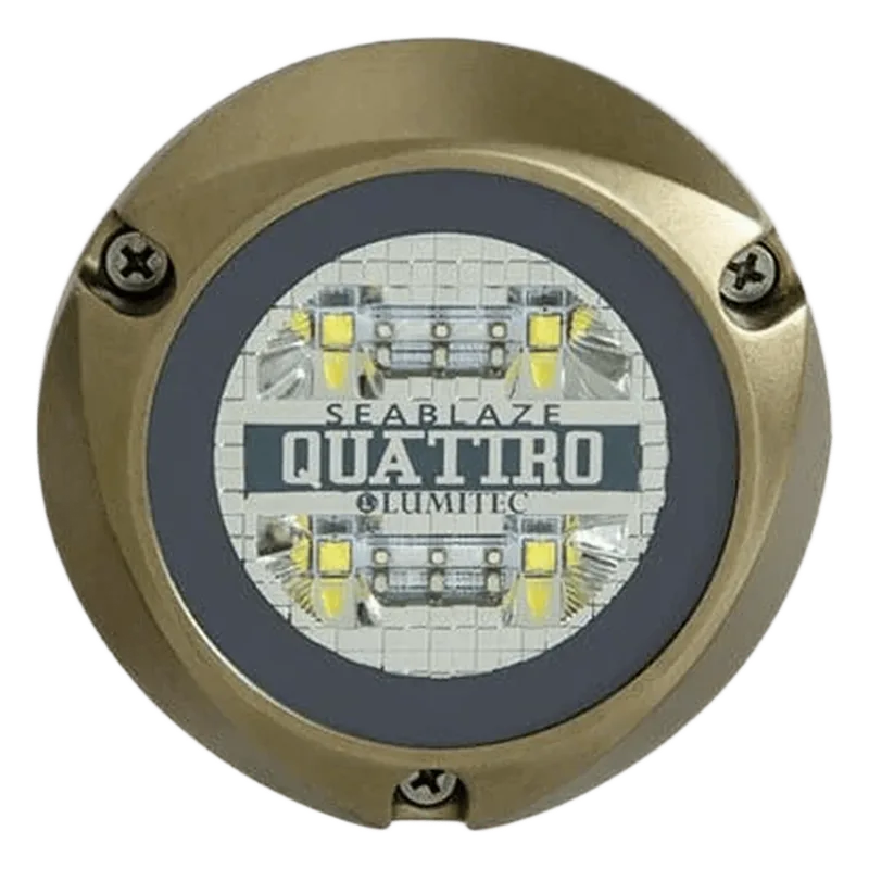 Luz led marina sumergible SeaBlaze Quattro, emite luz de color blanco y azul de 2000 lúmenes, fabricada en bronce naval con grado de protección IP68. LUMITEC 101511