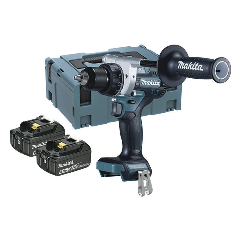 Taladro Atornillador BL 18 V 5 Ah LXT 130 Nm 2 Velocidades (0-550 0-2100 rpm). Incluye 2 Baterías de 18 V, Cargador rápido, 2 Puntas doble y Maletín Makpac. MAKITA DDF-486-RTJ