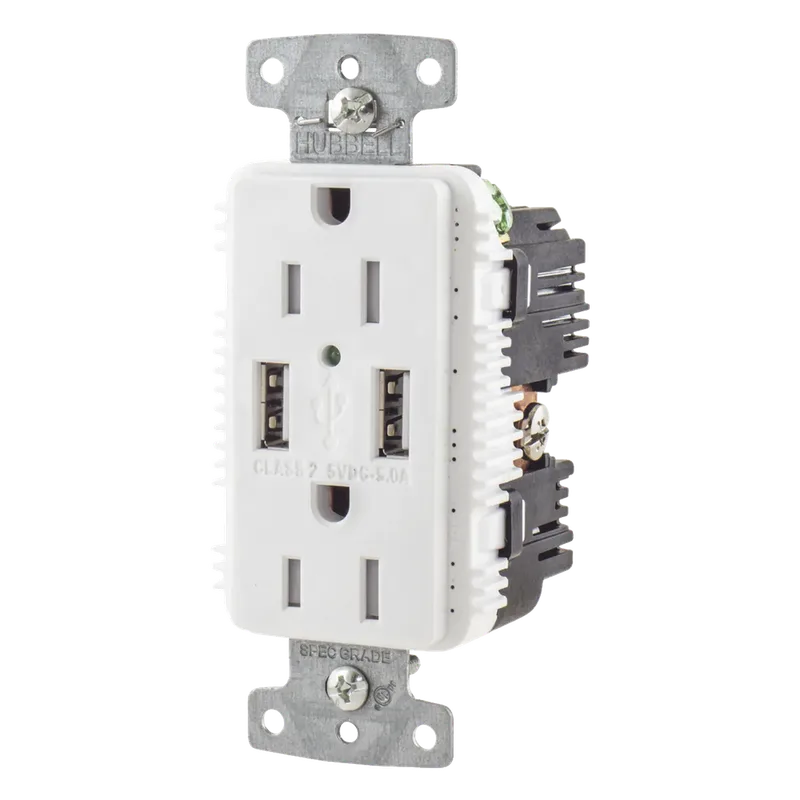 Contacto Dúplex con 2 Puertos USB, 15A 125V, 2 Polos, 3 Hilos, Color Blanco. HUBBELL HUB-USB-15A-5W