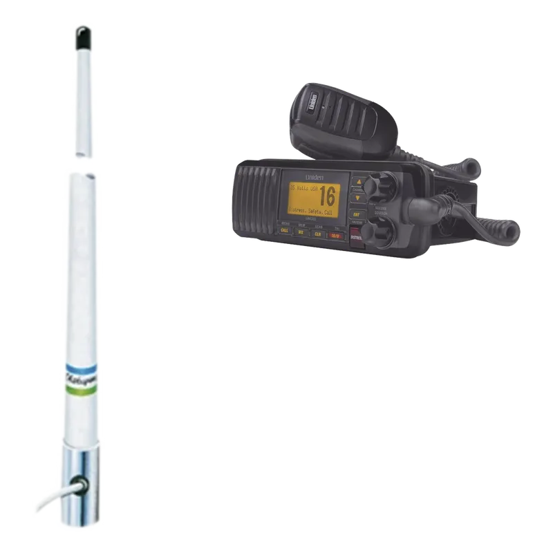 Kit de radio móvil VHF marino modelo UM-385 color negro y antena marina Shakespeare en fibra de vidrio 5101 UNIDEN UM-385BK/5101