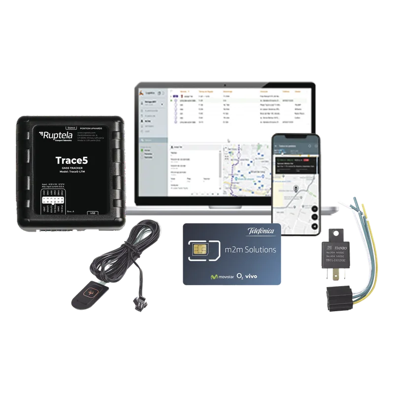Kit de Localizador Vehicular 2G y 4G/ Rastreo / Conducción eficiente / Deteccion de Jammer / Registro de conductores + Relay + Botón de pánico + EPCOMGPSMENSUAL + MICSIM25GPS + datos por 1 año RUPTELA TRACE5-KIT-2