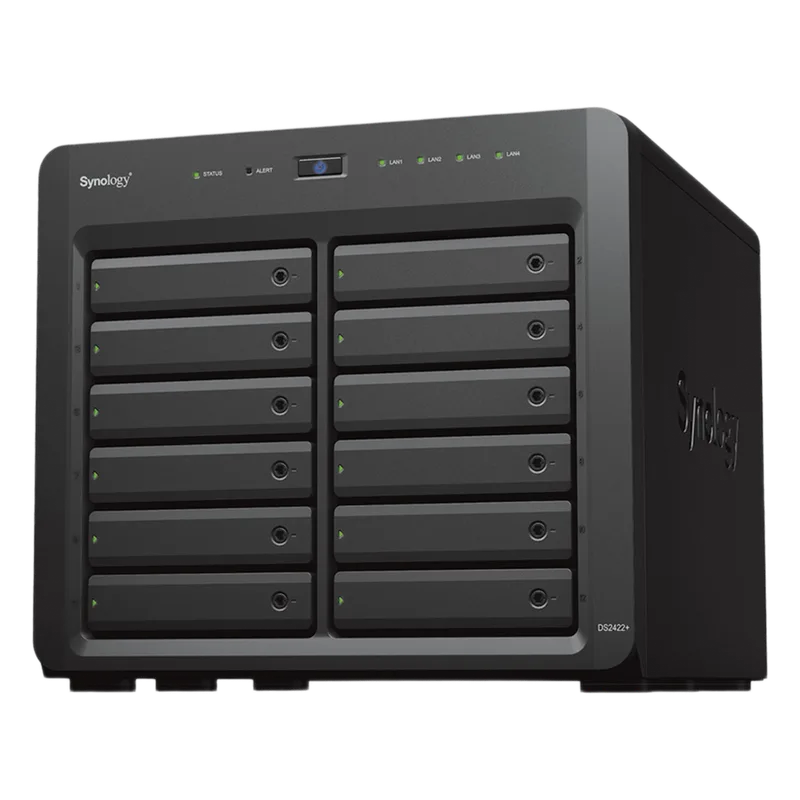 NAS Synology DiskStation DS2422+ | 12 Bahías | Expandible a 24 Bahías | Procesador AMD Ryzen Quad-Core | Hasta 32 GB DDR4 ECC | Caché NVMe SSD | Redes 10/25GbE | Compatible con Virtualización y Vigilancia.