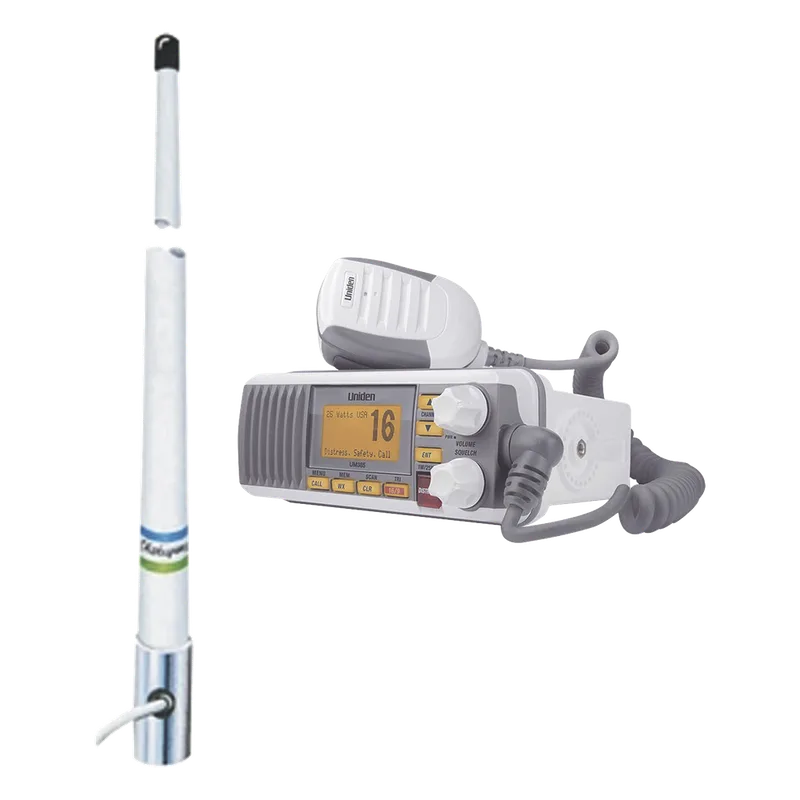 Kit de radio móvil VHF marino modelo UM-385 color blanco y antena marina Shakespeare de fibra de vidrio 5101 UNIDEN UM385/5101