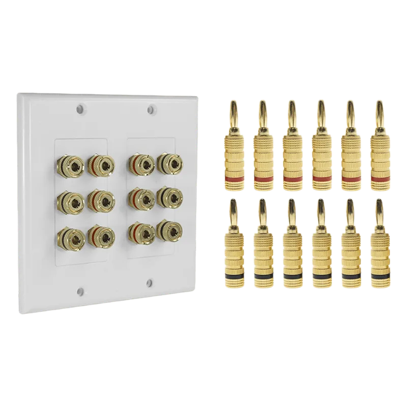 KIT 1 Placa de Pared + 6 Pares Conectores Banana (Rojo+Negro) | Postes de Unión Tipo Banana | Conexión para 6 Altavoces | Fácil Instalación | Conectores Chapados en Oro EPCOM PROAUDIO EP-WP6S-KIT