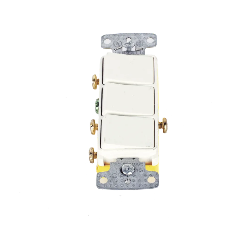 Interruptor Residencial 15 A 120 V, con 3 Bases Unipolares, Cableado lateral, Color Blanco. HUBBELL HUB-RCD-111W