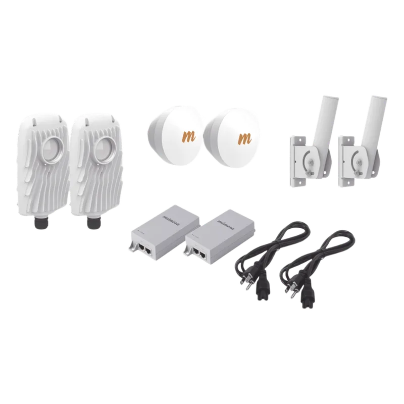 Kit de 2 radios B5X con 2 antenas de (16 dBi), rango de frecuencia extendida (4.9 a 6.4 GHz), incluye inyector POE, cable de alimentación y 2 FLEXIMOUNT-XL para alineación, distancia de hasta 4 km MIMOSA NETWORKS B5X-PTP-KIT2