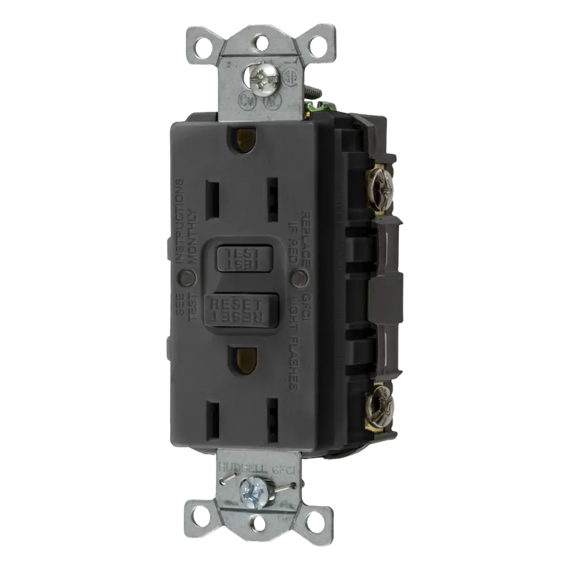 Contacto de Auto-verificación GFCI con Interruptor de Falla a Tierra de 15 A 125 V 2 Polos, 3 Hilos Color Negro (Nema 5-15R), Grado Comercial. HUBBELL HUB-GFR-ST-15-BK