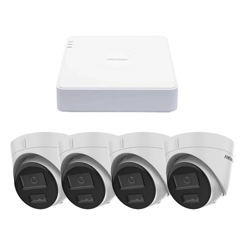 Kit IP 1080p (2 Megapixel) / NVR de 4 Canales con 4 Puertos PoE / 4 Cámaras IP Turret con Micrófono Integrado / ColorVu y ACUSENSE Lite HIKVISION KIPCV2M/4T