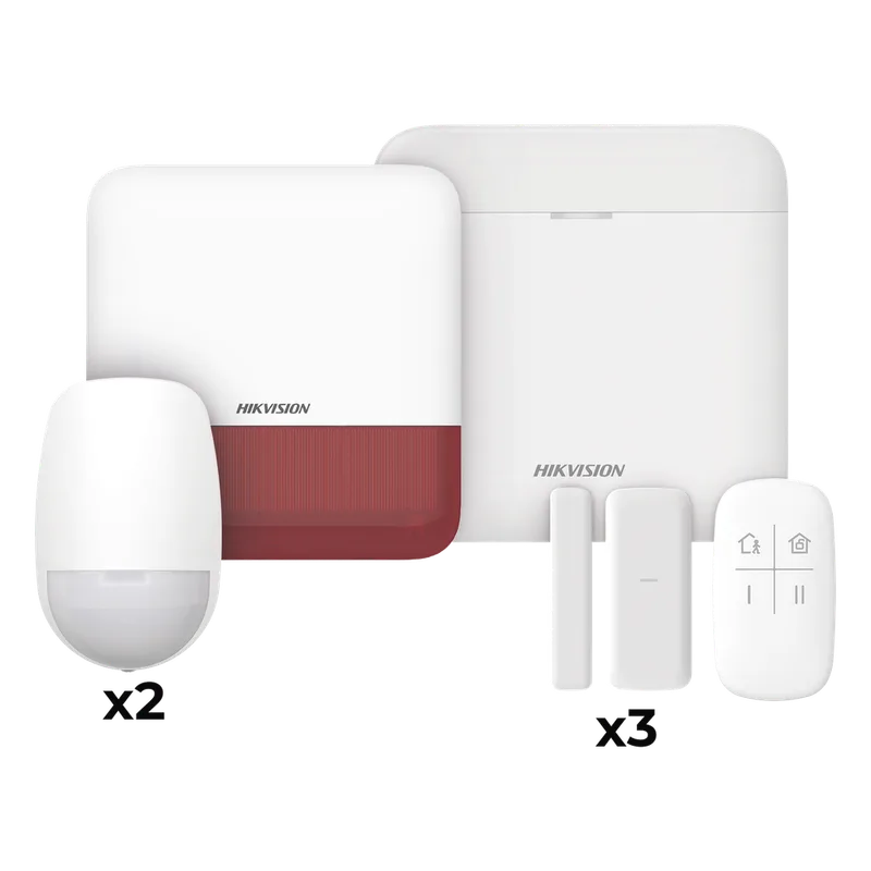 (AX PRO) KIT de Alarma AX PRO / Incluye: 1 Hub con batería de respaldo / 2 Sensores PIR / 3 Contactos Magnéticos mini / 1 Control Remoto / 1 Sirena Inalambrica Exterior color rojo / WiFi / Compatible con Hik-Connect P2P HIKVISION DS-PWA48-KV2(R)
