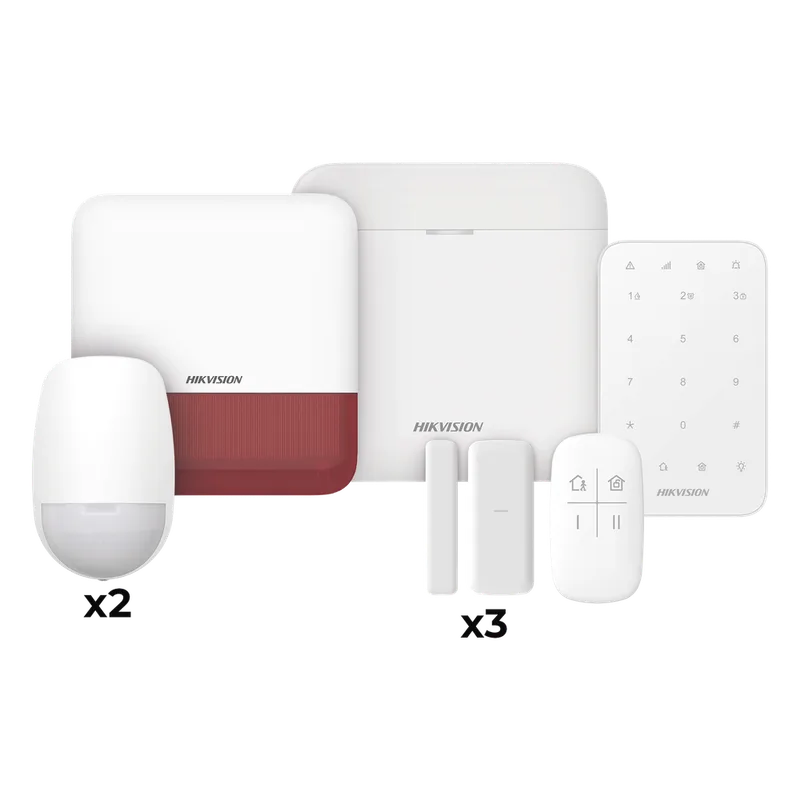 (AX PRO) KIT de Alarma AX PRO / Incluye: 1 Hub / 2 Sensores PIR / 3 Contactos Magnéticos mini / 1 Control Remoto / 1 Sirena Estrobo en color Rojo Inalámbrica Exterior /1 Teclado Inalámbrico / Wi-Fi / Compatible con Hik-Connect P2P HIKVISION DS-PWA48-FULL-K(R)