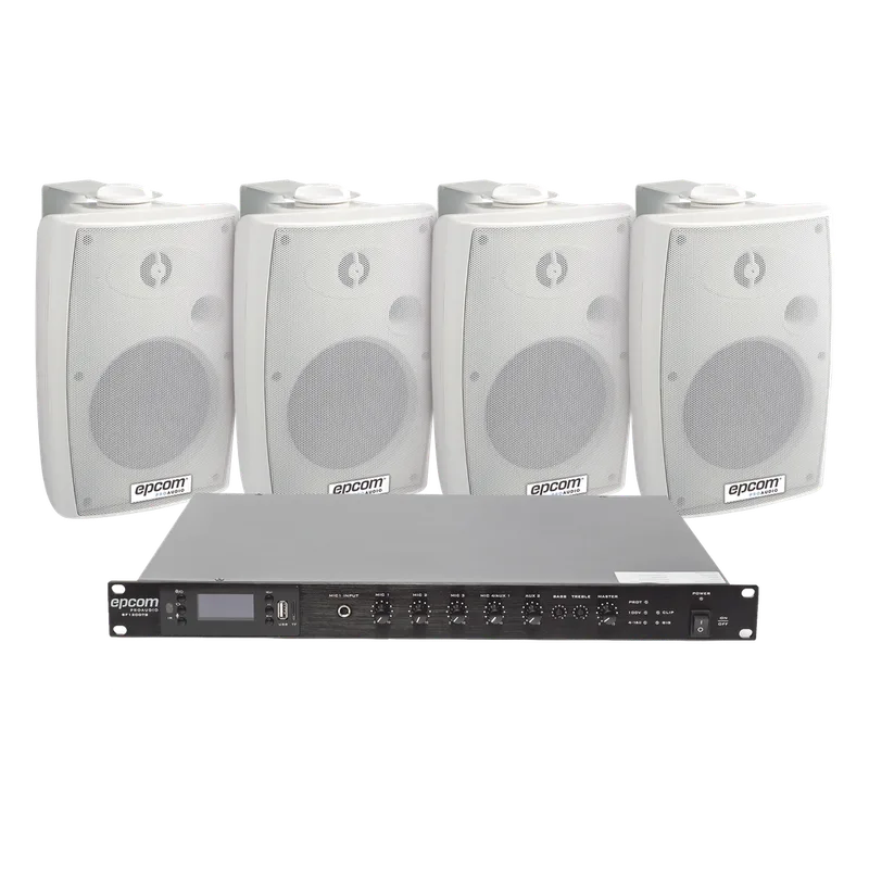 KIT de Amplificador de Audio 120W para Rack | 4 Altavoces de Pared color Blanco 2.5W - 20W | Sistema 70/100V EPCOM PROAUDIO SF120DTB/4WSW