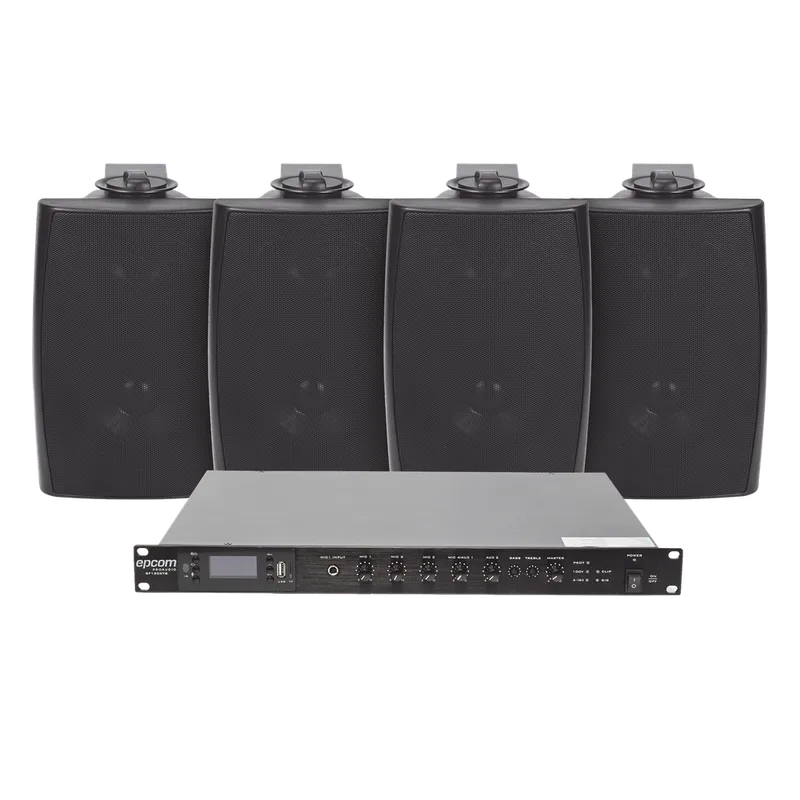 KIT de Amplificador de Audio 120W para Rack | 4 Altavoces de Pared color Negro 2.5W - 20W | Sistema 70/100V EPCOM PROAUDIO SF120DTB/4WS