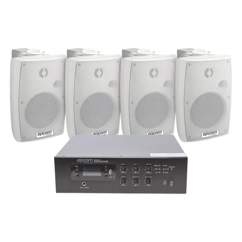 KIT de Amplificador de 120W para Escritorio | 4 Altavoces de Pared color Blanco 2.5W - 20W | Sistema 70/100V EPCOM PROAUDIO SFB120/4WSW