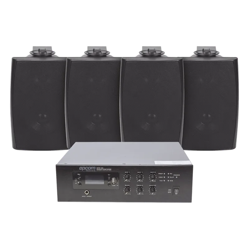 KIT de Amplificador de 120W para Escritorio | 4 Altavoces de Pared color Negro 2.5W - 20W | Sistema 70/100V EPCOM PROAUDIO SFB120/4WS