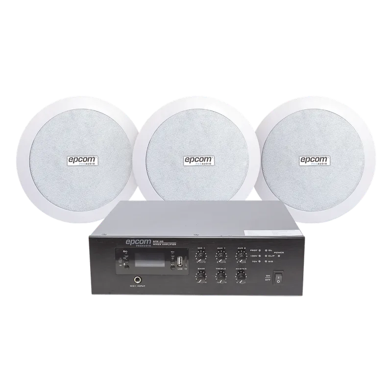 KIT de Amplificador de 120W para Escritorio | 3 Altavoces de Plafón de 5.5in | 3.75 - 30W | Sistema 70/100V EPCOM PROAUDIO SFB120/3CS