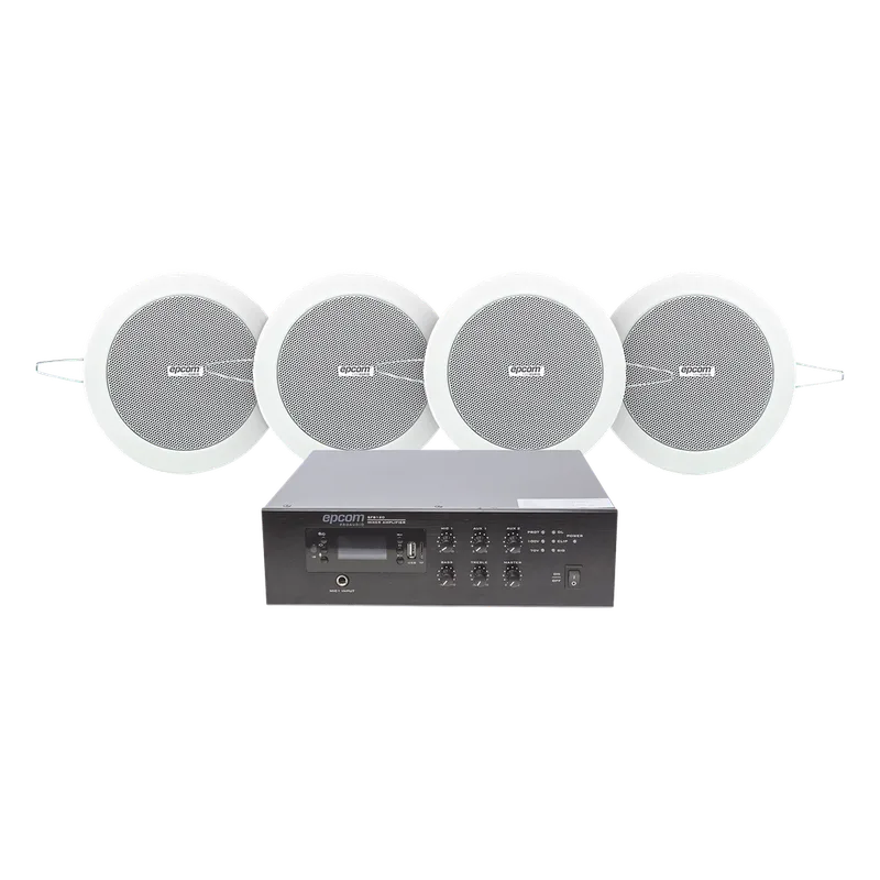 KIT de Amplificador de 120W para Escritorio | 4 Altavoces de Plafón de 4in | 3 - 6W | Sistema 70/100V EPCOM PROAUDIO SFB120/4CS