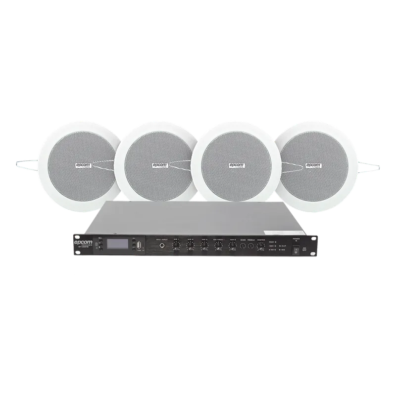 KIT de Amplificador de 120W para Rack | 4 Altavoces de Plafón de 4in | 3 - 6W | Sistema 70/100V EPCOM PROAUDIO SF120DTB/4CS