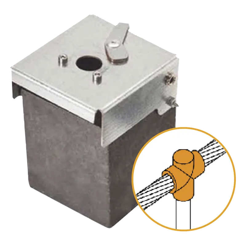 Molde de grafito vertical unión en T vertical de cable 4/0 AWG (pasante) con Pica de 5/8 in (terminal). APLICACIONES TECNOLOGICAS ATW40/T16/TV