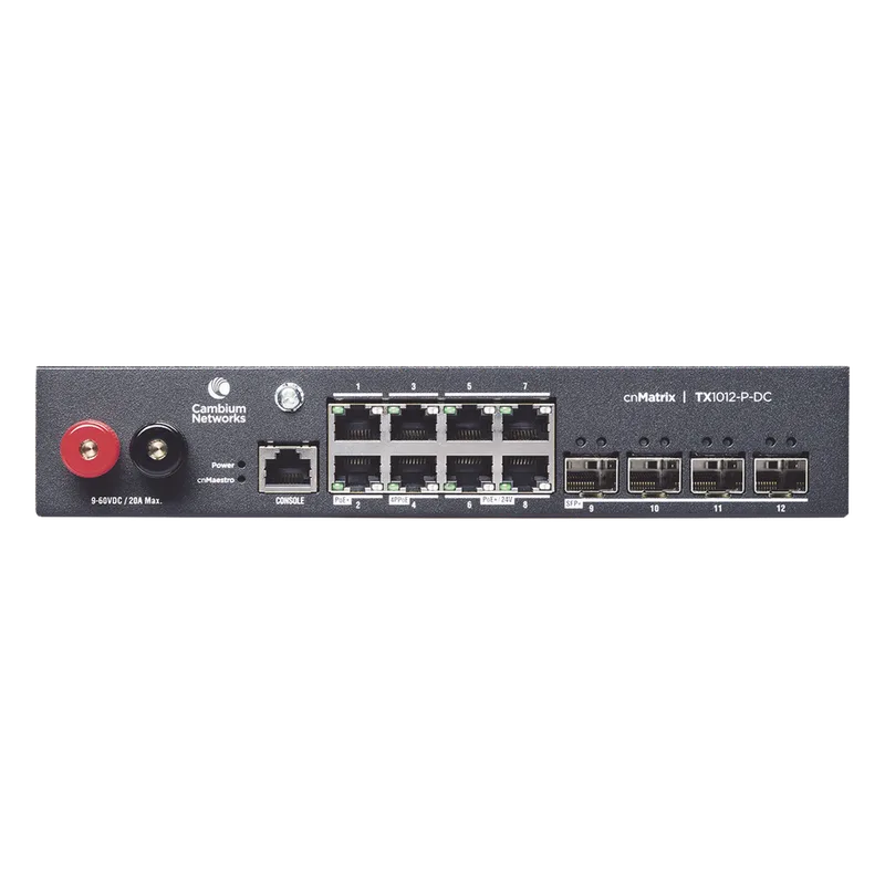 Switch cnMatrix WISP TX1012-DC-P de 8 puertos PoE y 4 SFP+, 170 W PoE Budget, Capa 2, gestión cnMaestro On-Premises, para corriente directa CAMBIUM NETWORKS MX-TX1012GXPA-20