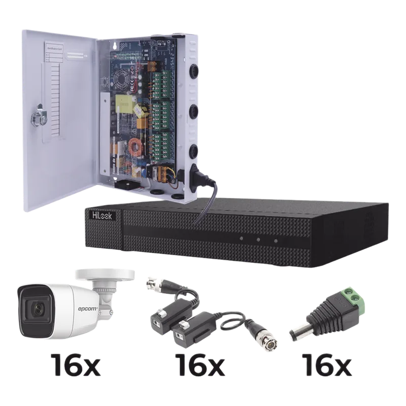 KIT TurboHD 1080p / DVR 16 Canales / 16 Cámaras Bala Policarbonato con Microfono (exterior 2.8 mm) / Transceptores / Conectores / Fuente de Poder Profesional EPCOM PROFESSIONAL KESTX8T16BGP/A