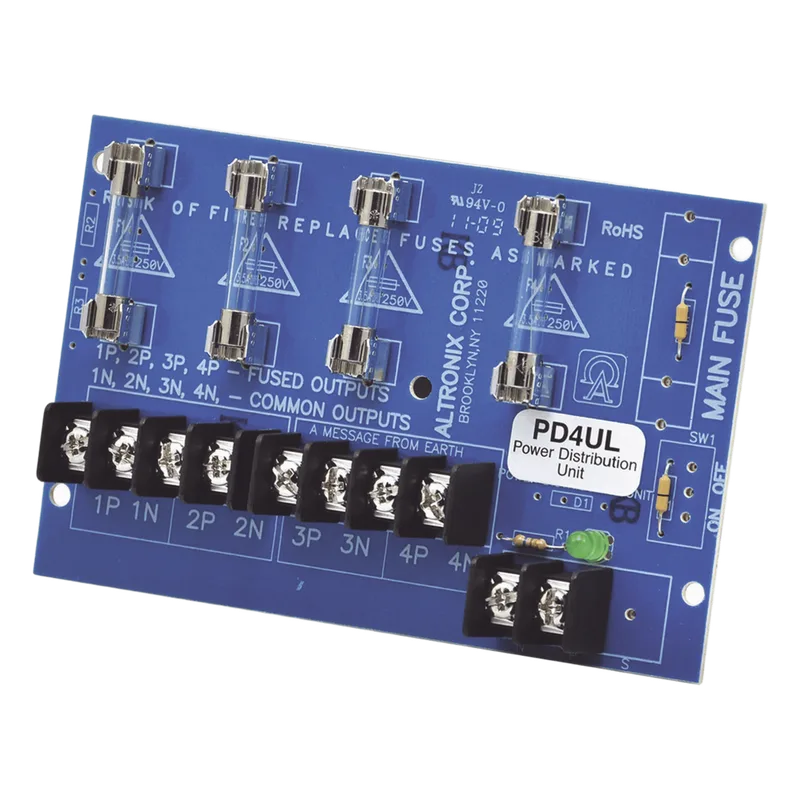 Módulo de distribución / 4 entradas de 12 o 24 Vcc hasta 10 A o 24 o 28 Vca hasta 12 A / 4 Salidas ALTRONIX PD4UL
