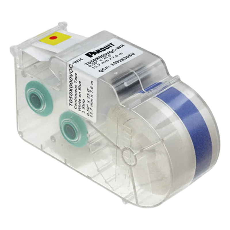 Casete de Etiquetas de Poliéster de Cinta Continua, Color Blanco Sobre Azul, 12.7mm de Ancho x 7.6 Metros (24.93 Pies) de Largo PANDUIT T050X000VQC-WH