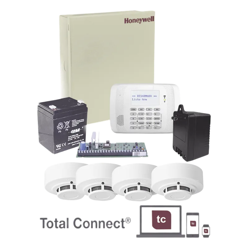 Kit de panel de alarma de 48 zonas con gabinete, transformador, batería y 4 detectores de humo, compatible con serie inalámbrica 5800 HONEYWELL HOME RESIDEO VISTA48LA-SMK