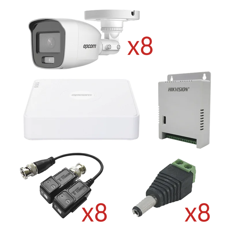 KIT TurboHD con Audio 1080p / DVR 8 Canales 1080p lite / 8 Cámaras Bala (exterior 2.8 mm) / Transceptores / Conectores / Fuente de Poder / AUDIO POR COAXITRON EPCOM KESTG8T8BG/A