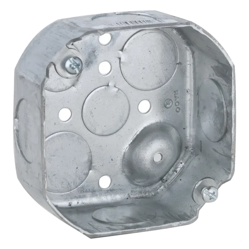 Caja Octagonal de 4" / Profundidad 1 1/2" / 6 Entradas de 3/4", 2 Entradas de 1/2" / Troquelada. RACO HUB-126
