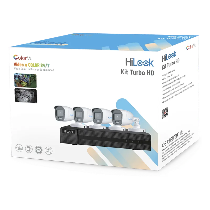 Kit TurboHD 1080p / DVR 4 Canales / 4 Cámaras Bala ColorVu con Micrófono Integrado / Fuente de Poder / Accesorios de Instalación HiLook by HIKVISION HL-1080-CV/A