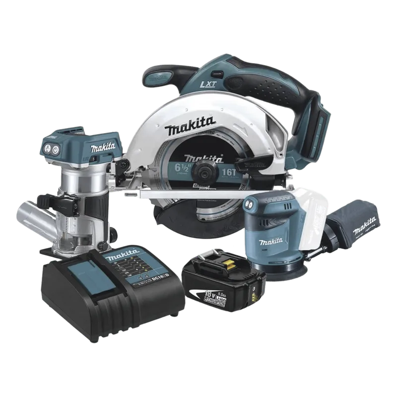 Kit Inalámbrico De Carpintería, Sierra Circular + Router Inalámbrico + Lijadora Orbital MAKITA DLX3165ST