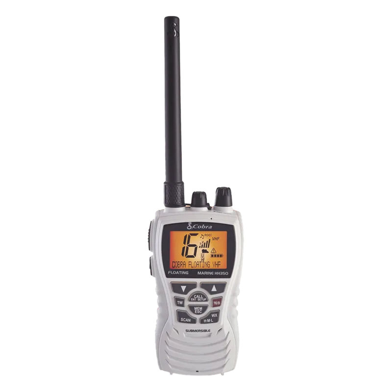 Radio portátil marino, flotante y sumergible con función de eliminación de agua de la bocina mediante vibración, potencia de RF de 6 Watts. COBRA MRHH350WFLT