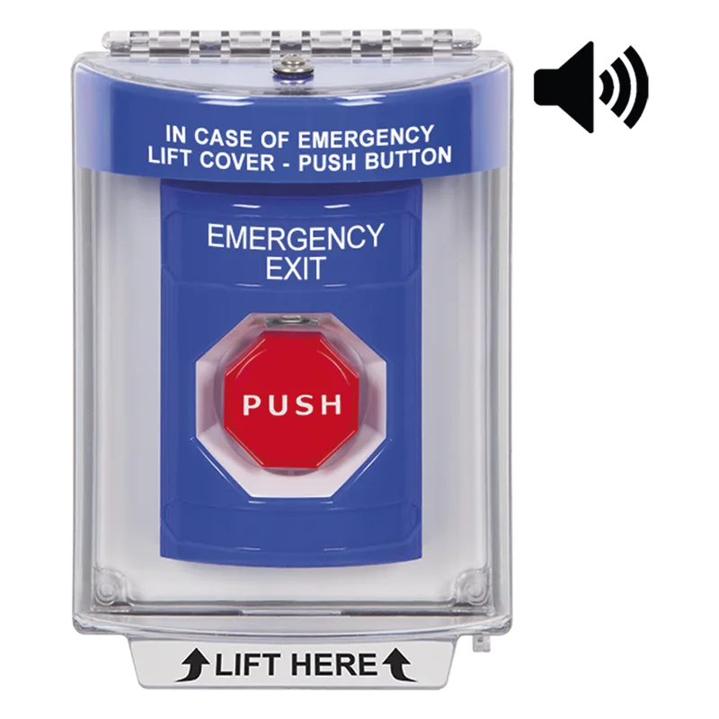 Botón De Salida De Emergencia Con Bocina De Advertencia Integrada, Interior/Exterior, Texto En Ingles, Tapa Protectora De Policarbonato Súper Resistente, Neumático STI SS2448EX-EN