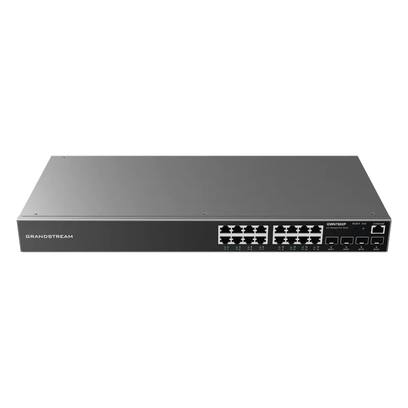 Switch Gigabit PoE+ Administrable / 16 puertos 10/100/1000 Mbps + 4 Puertos SFP Uplink / Hasta 240W / Compatible con GWN Cloud. GRANDSTREAM GWN7802P