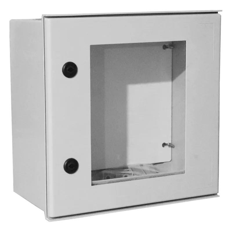 Gabinete de Poliéster IP65 Puerta Transparente, Uso en Intemperie (400 x 400 x 200 mm) con Placa Trasera Interior de Plástico (Incluye Chapa y Llave). PRECISION PST-4040-20PT