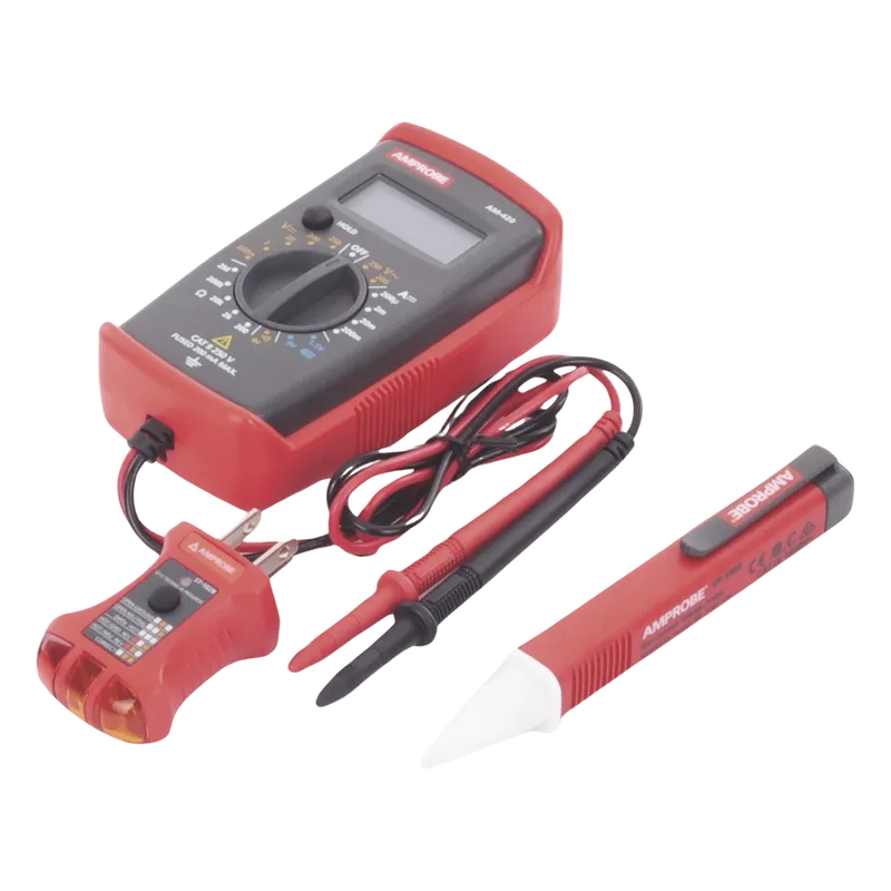 KIT Básico 3 en 1 con Multímetro Digital + Detector de Tensión sin Contacto + Comprobador de Fase GFCI AMPROBE PK-110
