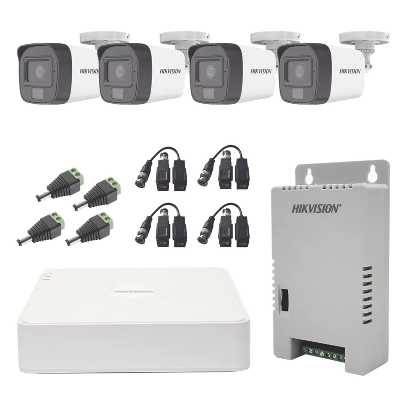 Kit TURBOHD 1080p / DVR 4 Canales / 4 Cámaras con Micrófono Integrado y 101° Visión / Luz Blanca + IR Visión Nocturna / Transceptores / Conectores / Fuente de Poder Profesional Compacta HIKVISION KH1080P4BSFH