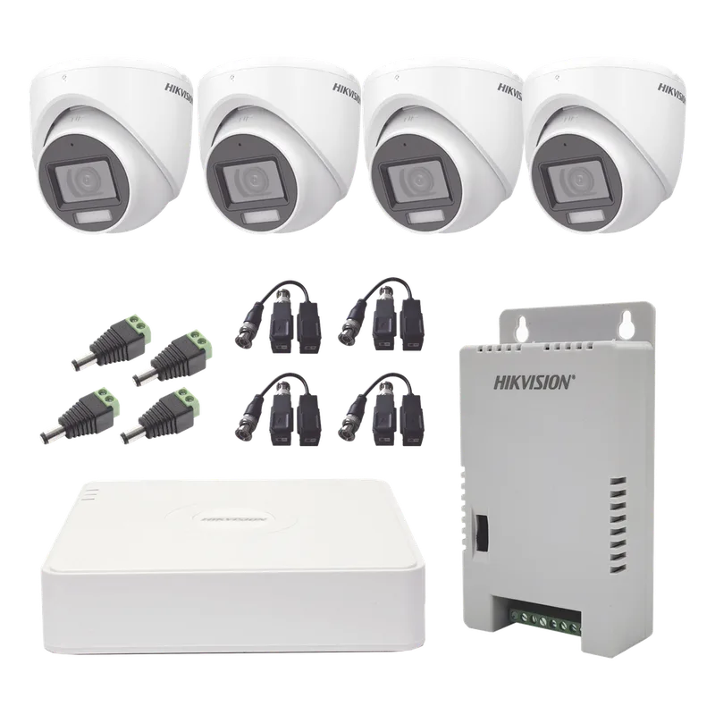 KIT TurboHD 1080p / DVR 4 Canales con audio por coaxitron / 4 Cámaras con Micrófono y 106° Visión/ luz blanca + IR visión nocturna / Transceptores / Conectores / Fuente de Poder Profesional HIKVISION KH1080P4ESFH