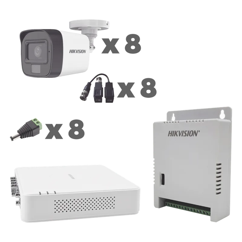 KIT TurboHD 1080p / DVR 8 Canales con audio por coaxitron / 8 Cámaras con Micrófono Integrado 101° Visión/ luz blanca + IR visión nocturna / Transceptores / Conectores / Fuente de Poder Profesional HIKVISION KH1080P8BFH
